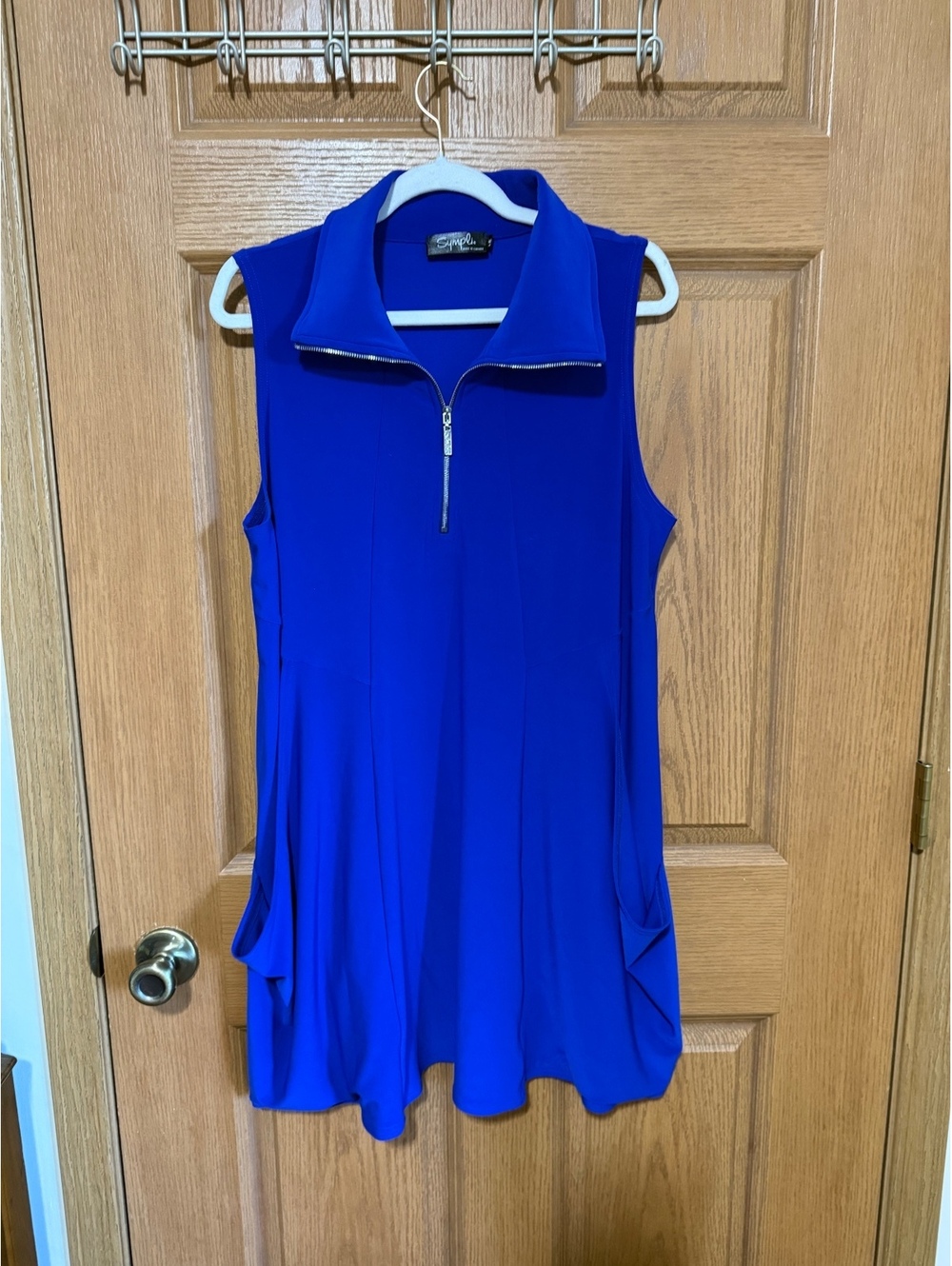Sympli Royal Blue Sleeveless A-Line Dress Size 16 Quarter Zip Pockets Stretch